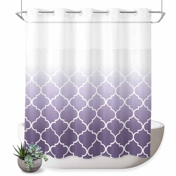 No Hook Shower Curtains for Bathroom Purple White Ombre Morocco Pattern Waterproof Shower Curtain Decorative Modern Moroccan Geometric Bath Tub Bath Curtains with See Through Top Window 72x72 Inch