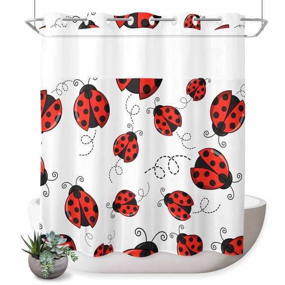 No Hook Shower Curtains for Bathroom Red Ladybugs Waterproof Fabric Shower Curtain Restroom Decor Animal Themed Spring Summer Rustic Bathtub Bath Curtains with See Through Mesh Top Window 66x72 Inch