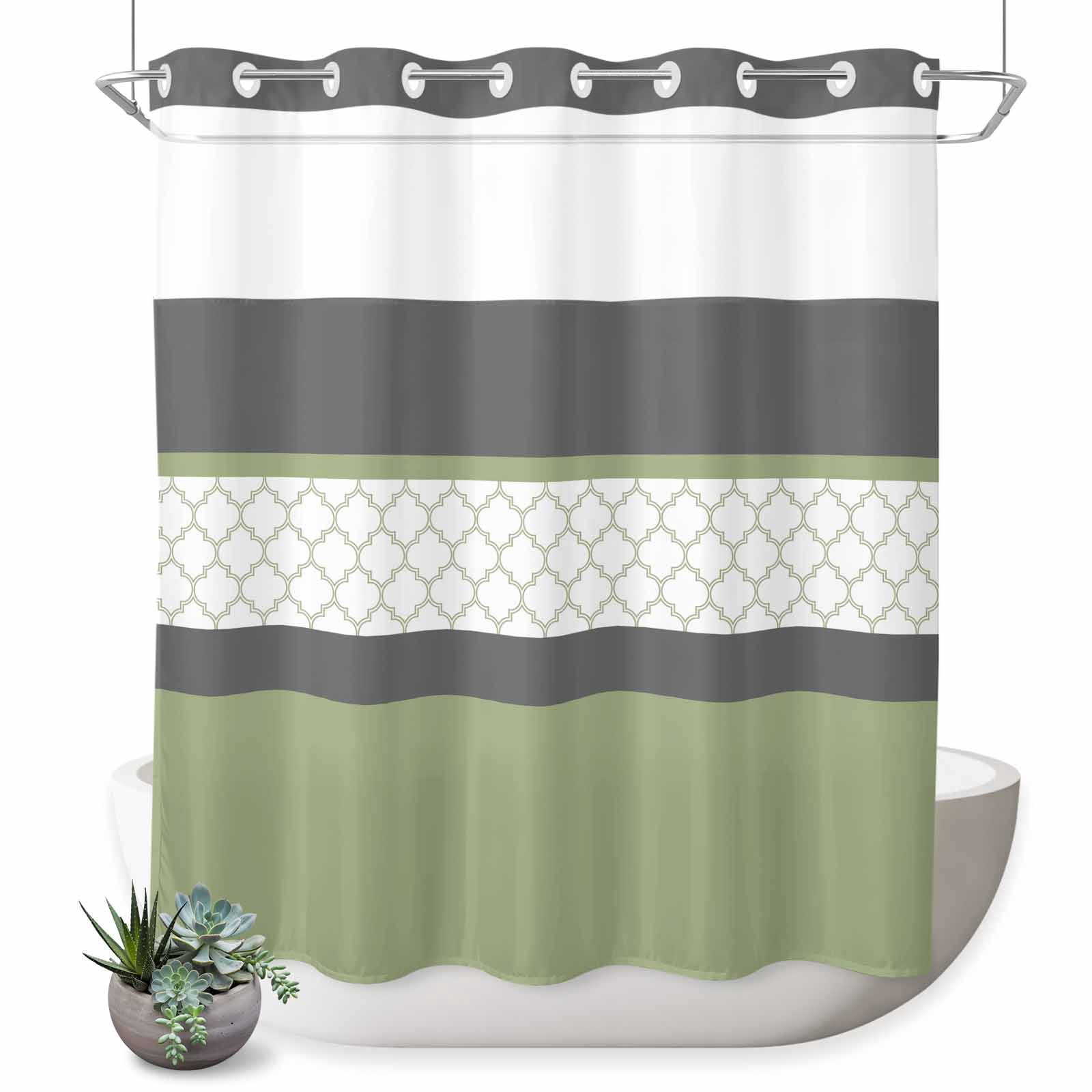 No Hook Shower Curtains for Bathroom Sage Green Morocco Waterproof Shower Curtain Decorative Modern Stitching Geometric Striped Grey Bath Tub Bath Curtains with See Through Top Window 72x72 Inch