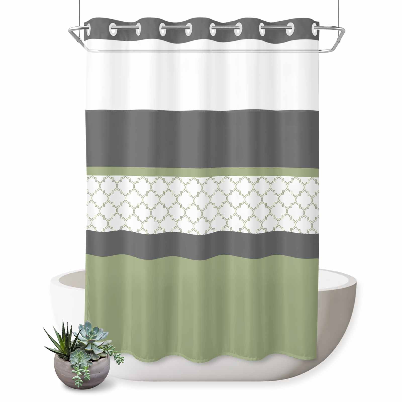 No Hook Shower Curtains for Bathroom Sage Green Morocco Waterproof Shower Curtain Restroom Decor Modern Stitching Geometric Striped Grey Bathtub Bath Curtains with See Through Top Window 60x72 Inch