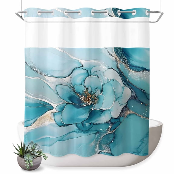 No Hook Shower Curtains for Bathroom Teal Floral Marble Waterproof Fabric Shower Curtain Decorative Modern Abstract Ink Painted Art Bath Tub Bath Curtains with See Through Mesh Top Window 72x72 Inch