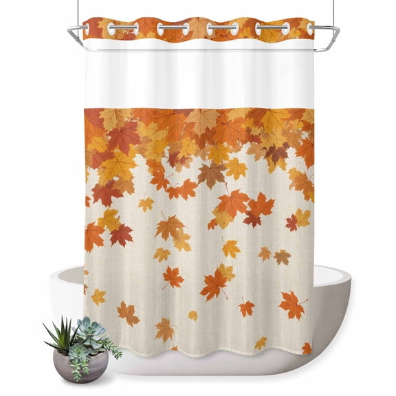 No Hook Shower Curtains for Bathroom Thanksgiving Waterproof Fabric Shower Curtain Restroom Decor Retro Orange Fall Maple Leaves Autumn Bathtub Bath Curtains with See Through Top Window 60x72 Inch