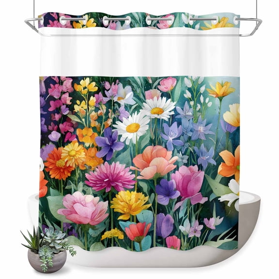 No Hook Shower Curtains for Bathroom Watercolor Spring Floral Waterproof Fabric Shower Curtain Decorative Farmhouse Flowers Colorful Bath Tub Bath Curtains with See Through Mesh Top Window 72x72 Inch