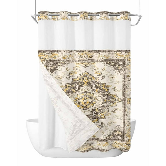 No Hook Shower Curtains, Beige Vintage Boho Stall Bathroom Curtain with Snap in Liner, Ethnic Tribal Geometric Abstract Waterproof Washable Fabric Bathroom Shower Curtain Sets, 48" x 72"