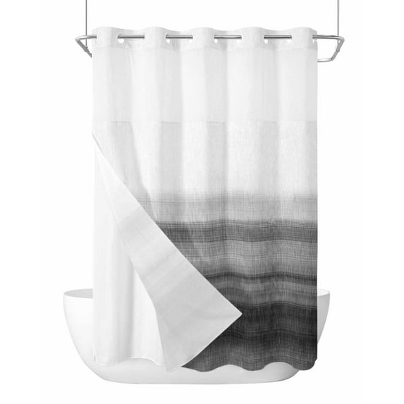 No Hook Shower Curtains, Black White Ombre Stall Bathroom Curtain with Snap in Liner, Vintage Minimalism Abstract Stripes Waterproof Washable Fabric Bathroom Shower Curtain Sets, 48" x 72"