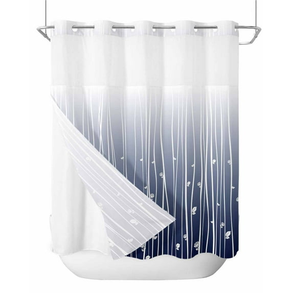 No Hook Shower Curtains, Blue Floral Standard Shower Curtains with Snap in Liner, Gradient Stripe Garden Plant Branch Texture Waterproof Washable Fabric Bathroom Shower Curtain Sets, 66" x 72"