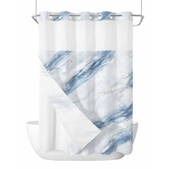 No Hook Shower Curtains, Blue Grey Marble Standard Bathroom Curtains with Snap in Liner, Vintage Abstract Modern Art Crack Waterproof Washable Fabric Bathroom Shower Curtain Sets, 60" x 72"