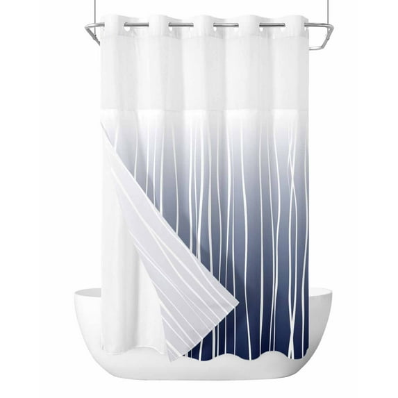 No Hook Shower Curtains, Blue White Small Shower Curtains with Snap in Liner, Ombre Gradient Striped Minimalist Texture Waterproof Washable Fabric Bathroom Shower Curtain Sets, 36" x 72"