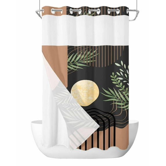 No Hook Shower Curtains, Boho Mid Century Small Shower Curtains with Snap in Liner, Modern Abstract Art Moon Stripe Leaves Waterproof Washable Fabric Bathroom Shower Curtain Sets, 36" x 78"