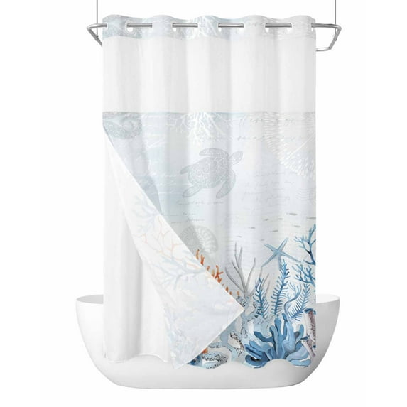 No Hook Shower Curtains, Coastal Coral Small Shower Curtains with Snap in Liner, Blue Ocean Starfish Turtle Watercolor Waterproof Washable Fabric Bathroom Shower Curtain Sets, 36" x 78"