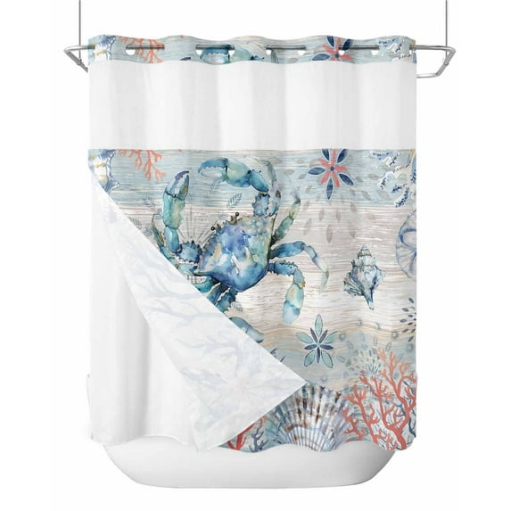 No Hook Shower Curtains, Coastal Crab Long Bathtub Curtains with Snap in Liner, Nautical Beach Ocean Conch Coral Starfish Waterproof Washable Fabric Bathroom Shower Curtain Sets, 72" x 78"