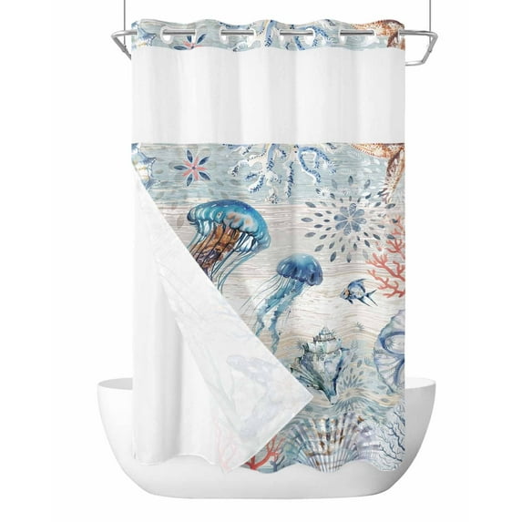 No Hook Shower Curtains, Coastal Jellyfish Stall Bathroom Curtain with Snap in Liner, Blue Nautical Marine Life Conch Coral Waterproof Washable Fabric Bathroom Shower Curtain Sets, 54" x 78"