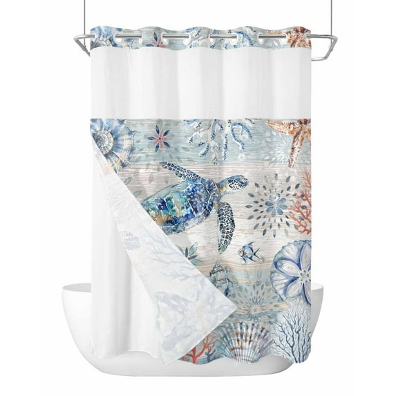 No Hook Shower Curtains, Coastal Turtle Long Bathtub Curtains with Snap in Liner, Nautical Ocean Conch Coral Starfish Retro Waterproof Washable Fabric Bathroom Shower Curtain Sets, 72" x 84"