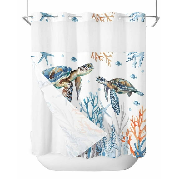 No Hook Shower Curtains, Coastal Turtle Standard Shower Curtains with Snap in Liner, Blue Ocean Coral Starfish Seagrass Waterproof Washable Fabric Bathroom Shower Curtain Sets, 66" x 72"