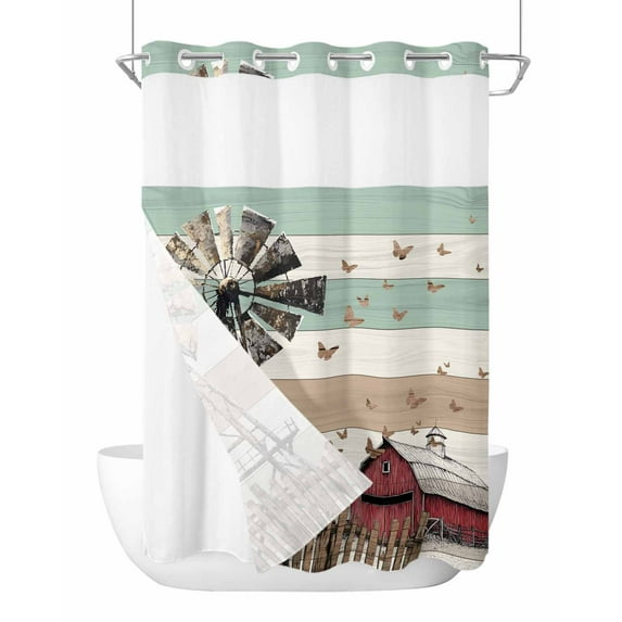 No Hook Shower Curtains, Country Farm Extra Long Bathtub Curtains with Snap in Liner, Vintage Farmhouse House Wooden Grain Waterproof Washable Fabric Bathroom Shower Curtain Sets, 72" x 96"