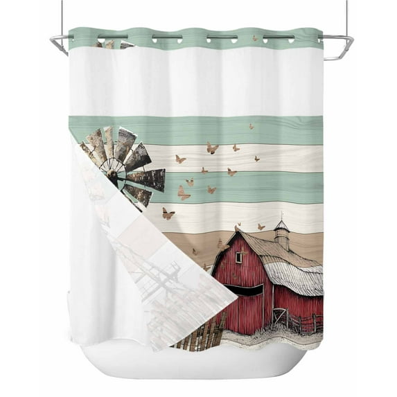 No Hook Shower Curtains, Country Farm Standard Shower Curtains with Snap in Liner, Vintage Farmhouse House Wooden Grain Waterproof Washable Fabric Bathroom Shower Curtain Sets, 66" x 72"