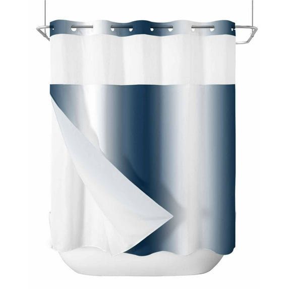 No Hook Shower Curtains, Dark Blue White Ombre Long Bathtub Curtains with Snap in Liner, Vintage Chic Gradient Minimalist Waterproof Washable Fabric Bathroom Shower Curtain Sets, 72" x 78"