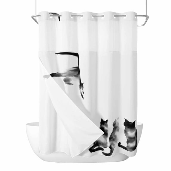 No Hook Shower Curtains with Detachable Snap-in Liner Set, Black White Cat Waterproof Hotel Style Bathroom Shower Curtain, Retro Art Animals Breathable Mesh Top Window Bath Curtains 72''x84''