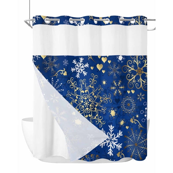 No Hook Shower Curtains with Detachable Snap-in Liner Set, Blue Snowflake Christmas Waterproof Hotel Style Bathroom Shower Curtain, Xmas Snowflake Breathable Mesh Top Window Bath Curtains 72''x72''