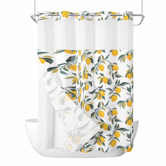 No Hook Shower Curtains with Detachable Snap-in Liner Set, Lemon Leaves Waterproof Hotel Style Bathroom Shower Curtain, Summer Botanical Breathable Mesh Top Window Bath Curtains 72''x84''