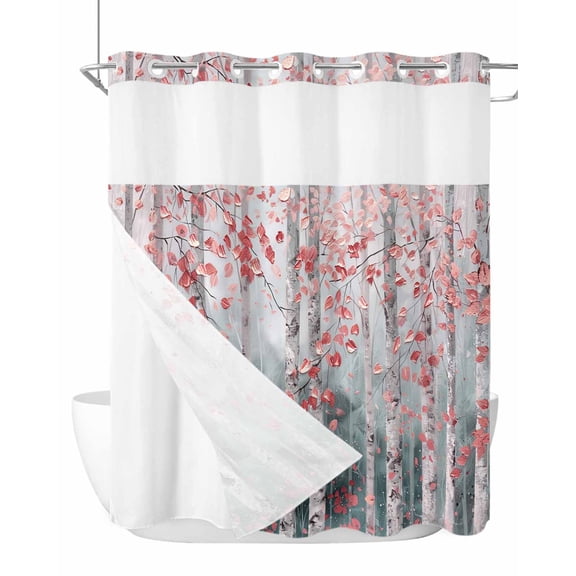 No Hook Shower Curtains with Detachable Snap-in Liner Set, Pink Teal Forest Waterproof Hotel Style Bathroom Shower Curtain, Modern Oil Painting Art Breathable Mesh Top Window Bath Curtains 72''x78''