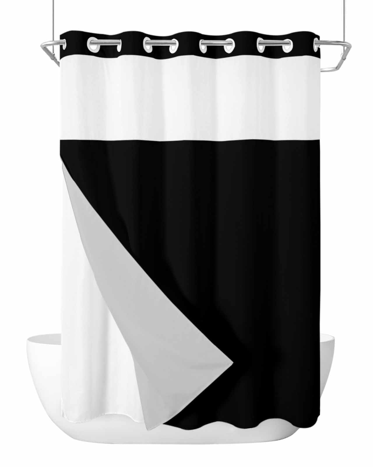 No Hook Shower Curtains with Detachable Snap-in Liner Set, Pure Black Waterproof Hotel Style Bathroom Shower Curtain, Simple Solid Color Breathable Mesh Top Window Bath Curtains 60''x72''