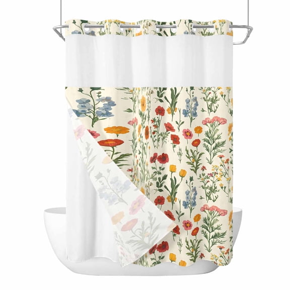 No Hook Shower Curtains with Detachable Snap-in Liner Set, Spring Floral Waterproof Hotel Style Bathroom Shower Curtain, Country Summer Botanical Breathable Mesh Top Window Bath Curtains 48''x72''