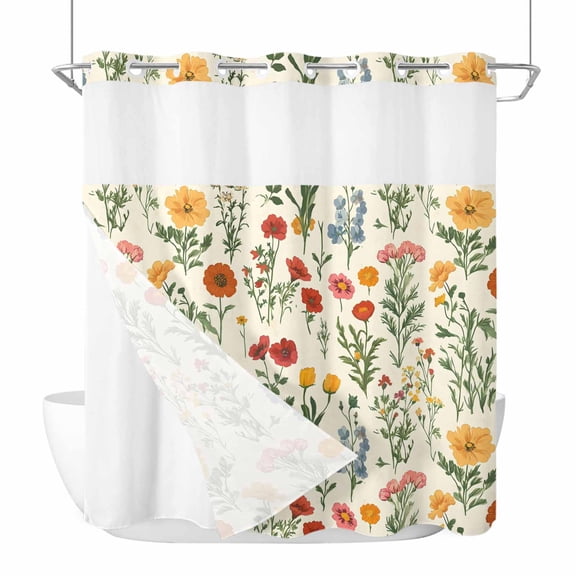 No Hook Shower Curtains with Detachable Snap-in Liner Set, Spring Floral Waterproof Hotel Style Bathroom Shower Curtain, Country Summer Botanical Breathable Mesh Top Window Bath Curtains 72''x78''