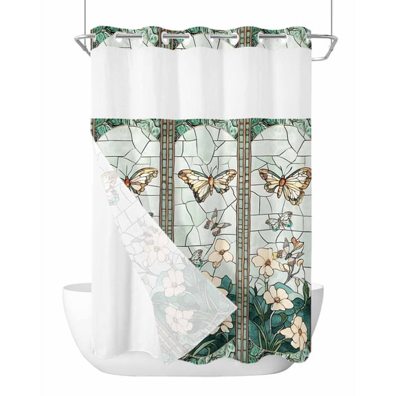 No Hook Shower Curtains with Detachable Snap-in Liner Set, Spring Waterproof Hotel Style Bathroom Shower Curtain, Butterfly Summer Botanical Flower Breathable Mesh Top Window Bath Curtains 72''x84''