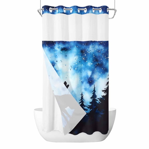 No Hook Shower Curtains with Detachable Snap-in Liner Set, Wolf Black Silhouette Waterproof Hotel Style Bathroom Shower Curtain, Forest Starry Night Breathable Mesh Top Window Bath Curtains 36''x72''