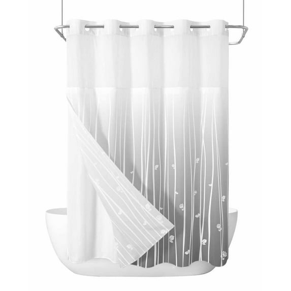 No Hook Shower Curtains, Gray Flower Standard Bathroom Curtains with Snap in Liner, Geometric Stripe Gradient Branch Minimalist Waterproof Washable Fabric Bathroom Shower Curtain Sets, 60" x 72"