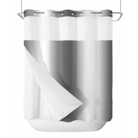 No Hook Shower Curtains, Gray White Ombre Long Bathtub Curtains with Snap in Liner, Greyish Gradient Minimalist Aesthetic Waterproof Washable Fabric Bathroom Shower Curtain Sets, 72" x 78"