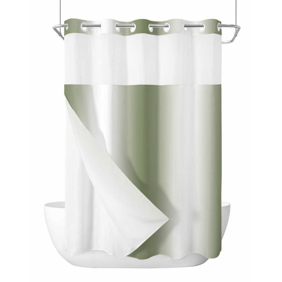 No Hook Shower Curtains, Green White Ombre Long Bathtub Curtains with Snap in Liner, Country Pastoral Gradient Minimalist Waterproof Washable Fabric Bathroom Shower Curtain Sets, 72" x 84"