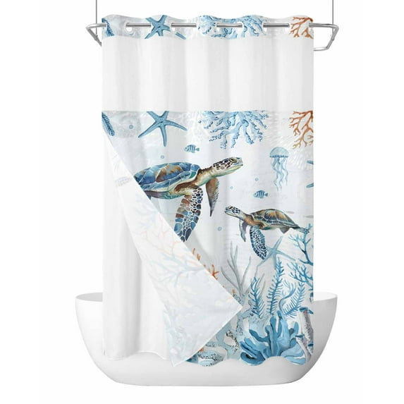 No Hook Shower Curtains, Ocean Turtle Small Shower Curtains with Snap in Liner, Blue Coastal Coral Starfish Seagrass Waterproof Washable Fabric Bathroom Shower Curtain Sets, 36" x 78"