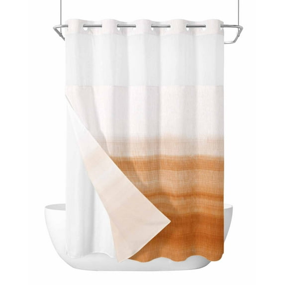 No Hook Shower Curtains, Orange White Ombre Extra Long Bathtub Curtains with Snap in Liner, Farmhouse Retro Simple Striped Art Waterproof Washable Fabric Bathroom Shower Curtain Sets, 72" x 96"