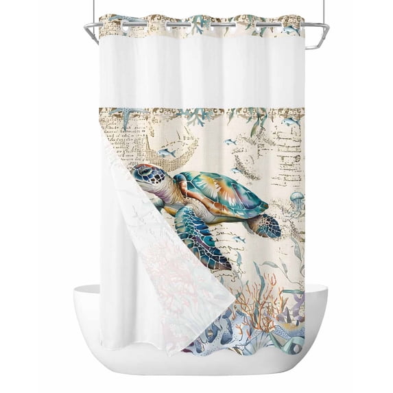 No Hook Shower Curtains, Sea Turtle Coastal Small Shower Curtains with Snap in Liner, Vintage Summer Beach Coral Ocean Waterproof Washable Fabric Bathroom Shower Curtain Sets, 36" x 78"