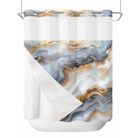 No Hook Shower Curtains with Snap in Liner, Abstract Marble Waterproof Fabric Shower Curtain, Contemporary Minimalism Art Double Layers & See-Through Top Window Bathroom Curtains 66''x72''