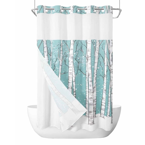 No Hook Shower Curtains with Snap in Liner, Aqua Tree Trunk Waterproof Fabric Shower Curtain, Farmhouse Forest Snow Abstract Double Layers & See-Through Top Window Bathroom Curtains 36''x72''