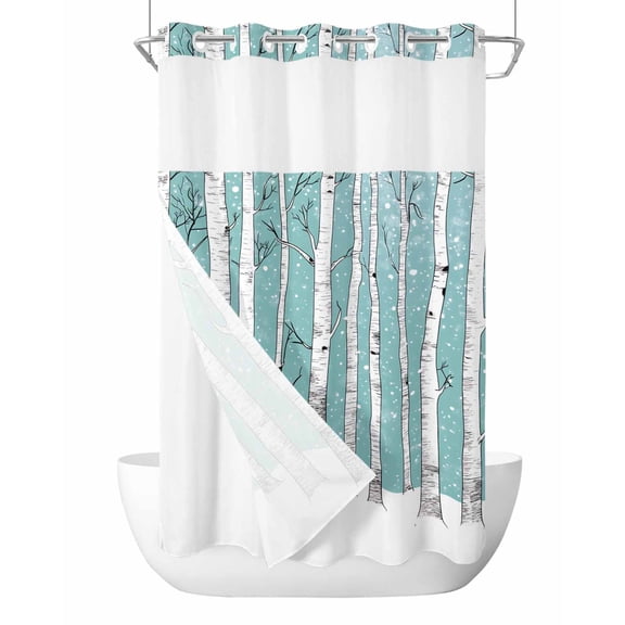 No Hook Shower Curtains with Snap in Liner, Aqua Tree Trunk Waterproof Fabric Shower Curtain, Farmhouse Forest Snow Watercolor Double Layers & See-Through Top Window Bathroom Curtains 36''x72''