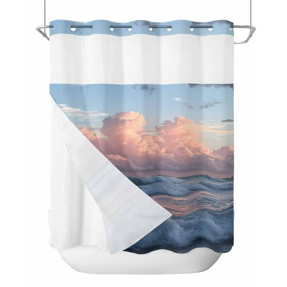 No Hook Shower Curtains with Snap in Liner, Beach Coastal Waterproof Fabric Shower Curtain, Summer Nautical Seaside Sky Blue Pink Double Layers & See-Through Top Window Bathroom Curtains 72''x72''