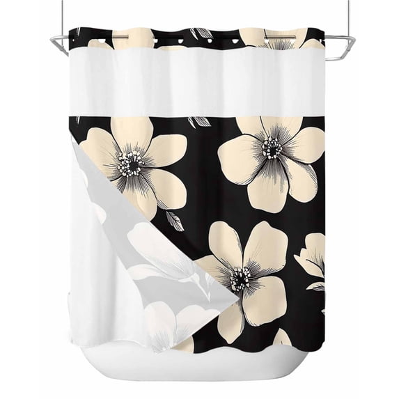 No Hook Shower Curtains with Snap in Liner, Beige Flowers Waterproof Fabric Shower Curtain, Vintage Elegant Floral Silhouette Double Layers & See-Through Top Window Bathroom Curtains 72''x72''