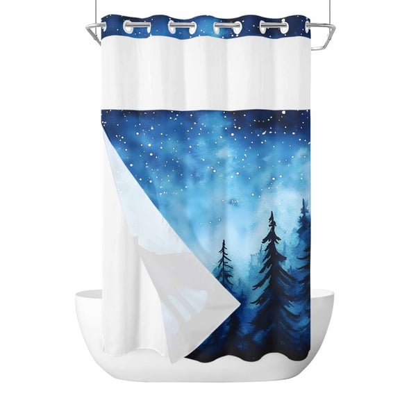 No Hook Shower Curtains with Snap in Liner, Black Wolf Night Waterproof Fabric Shower Curtain, Abstract Forest Silhouette Starry Double Layers & See-Through Top Window Bathroom Curtains 36''x72''