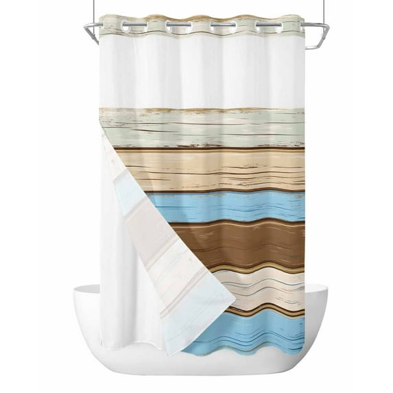 No Hook Shower Curtains with Snap in Liner, Blue Brown Wood Grain Waterproof Fabric Shower Curtain, Farmhouse Country Chic Stripes Double Layers & See-Through Top Window Bathroom Curtains 54''x78''