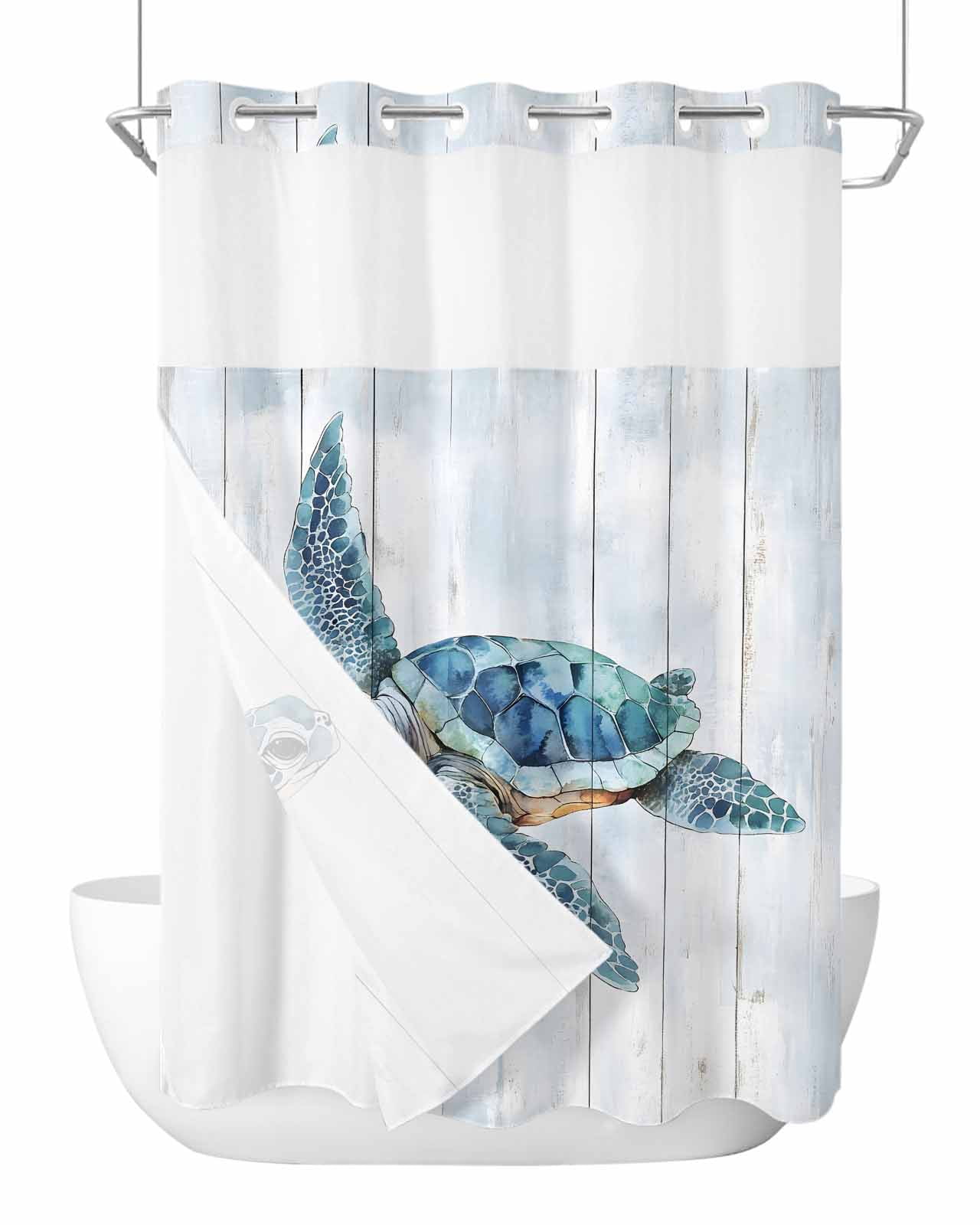 No Hook Shower Curtains with Snap in Liner, Blue Coastal Turtle ...
