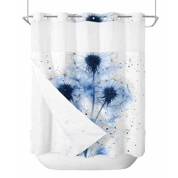 No Hook Shower Curtains with Snap in Liner, Blue Dandelion Waterproof Fabric Shower Curtain, Rustic Simple Botanical Spring Flowers Double Layers & See-Through Top Window Bathroom Curtains 72''x72''
