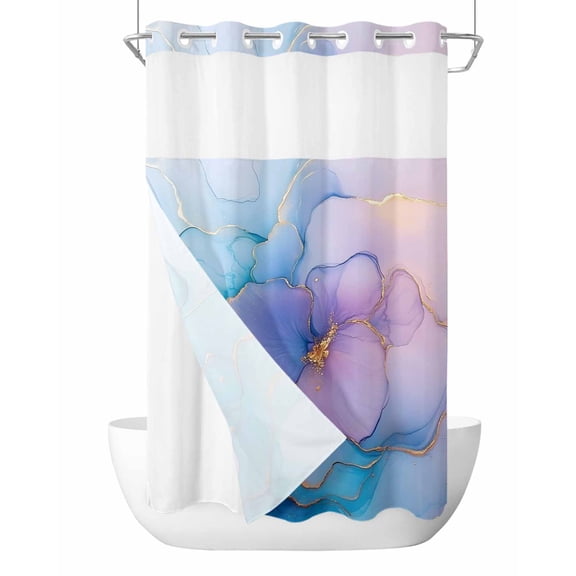 No Hook Shower Curtains with Snap in Liner, Blue Purple Pink Floral Marble Fabric Shower Curtain, Contemporary Abstract Art Double Layers & See-Through Top Window Bathroom Curtains 54''x78''