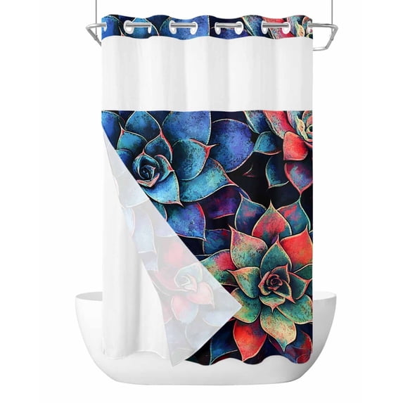 No Hook Shower Curtains with Snap in Liner, Blue Red Succulent Waterproof Fabric Shower Curtain, Abstract Retro Botanical Double Layers & See-Through Top Window Bathroom Curtains 36''x72''