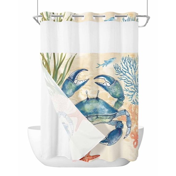 No Hook Shower Curtains with Snap in Liner, Blue Teal Crab Coastal Waterproof Fabric Shower Curtain, Nautical Beach Coral Starfish Double Layers & See-Through Top Window Bathroom Curtains 60''x72''