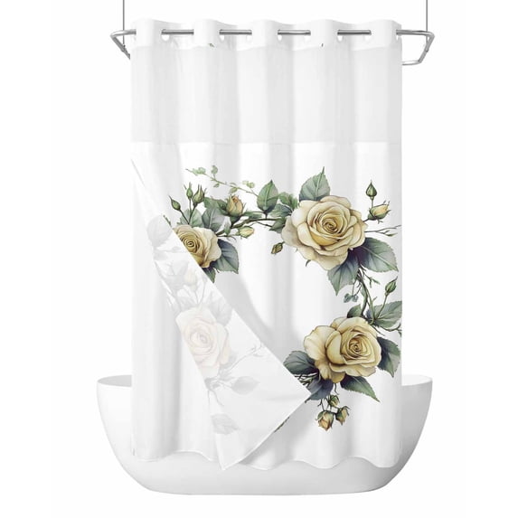 No Hook Shower Curtains with Snap in Liner, Botanical Yellow Waterproof Fabric Shower Curtain, Spring Floral Watercolor Double Layers & See-Through Top Window Bathroom Curtains 54''x78''