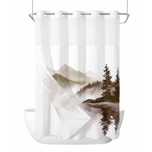 No Hook Shower Curtains with Snap in Liner, Brown Ink Landscape Waterproof Fabric Shower Curtain, Watercolor Lake Forest Double Layers & See-Through Top Window Bathroom Curtains 60''x72''